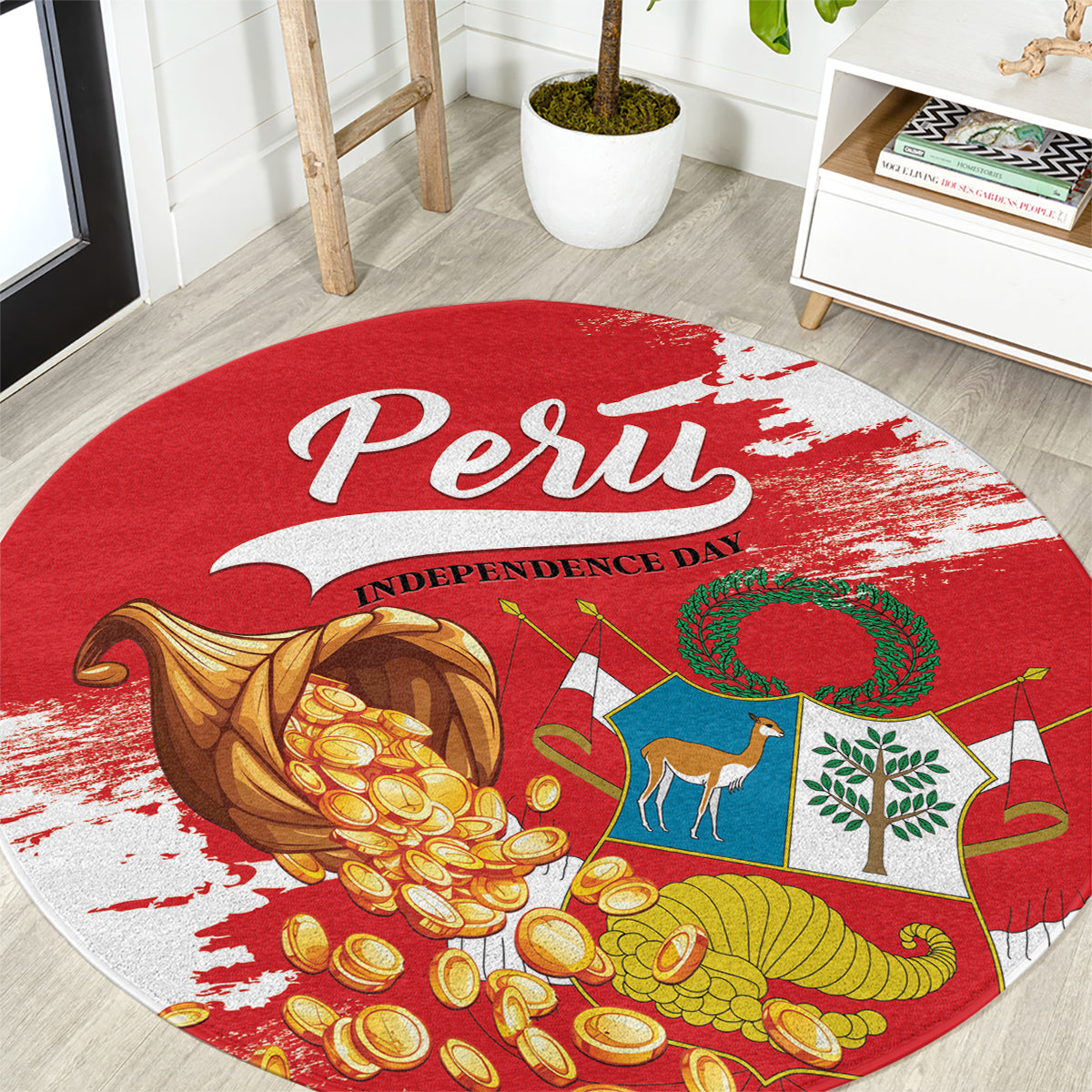 Red round carpet showing Peru script, Independence Day text, gold coins and llama graphic