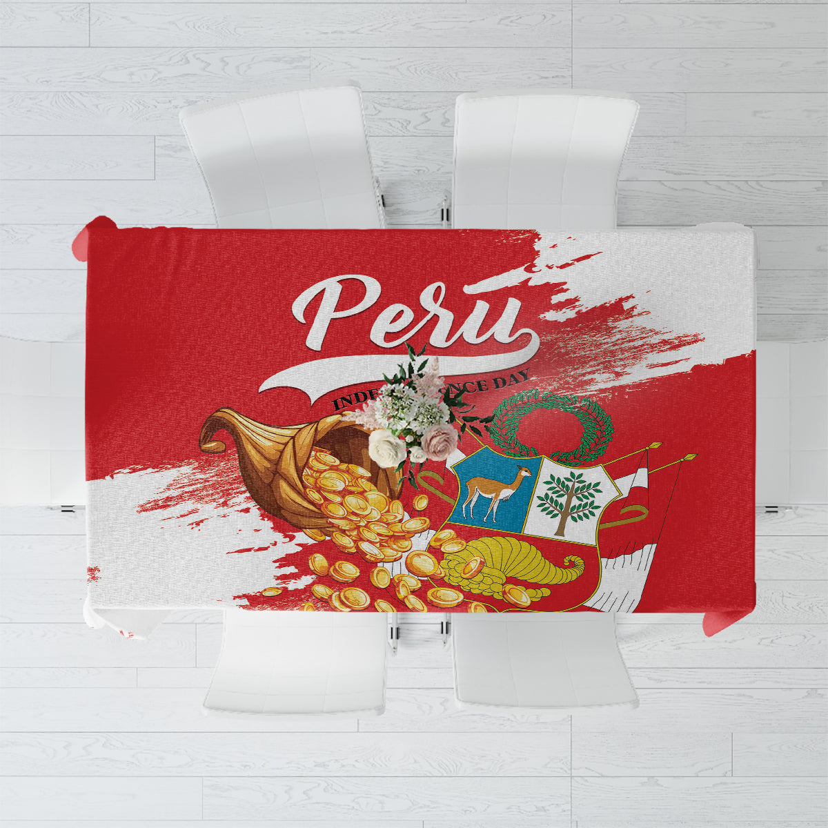 Red tablecloth with Peru text and gold coin Independence Day graphic