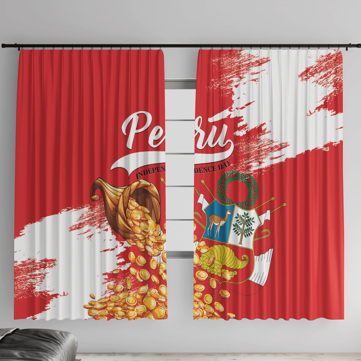 Front view of red window curtains with Peru flag crest and gold coin themed artwork