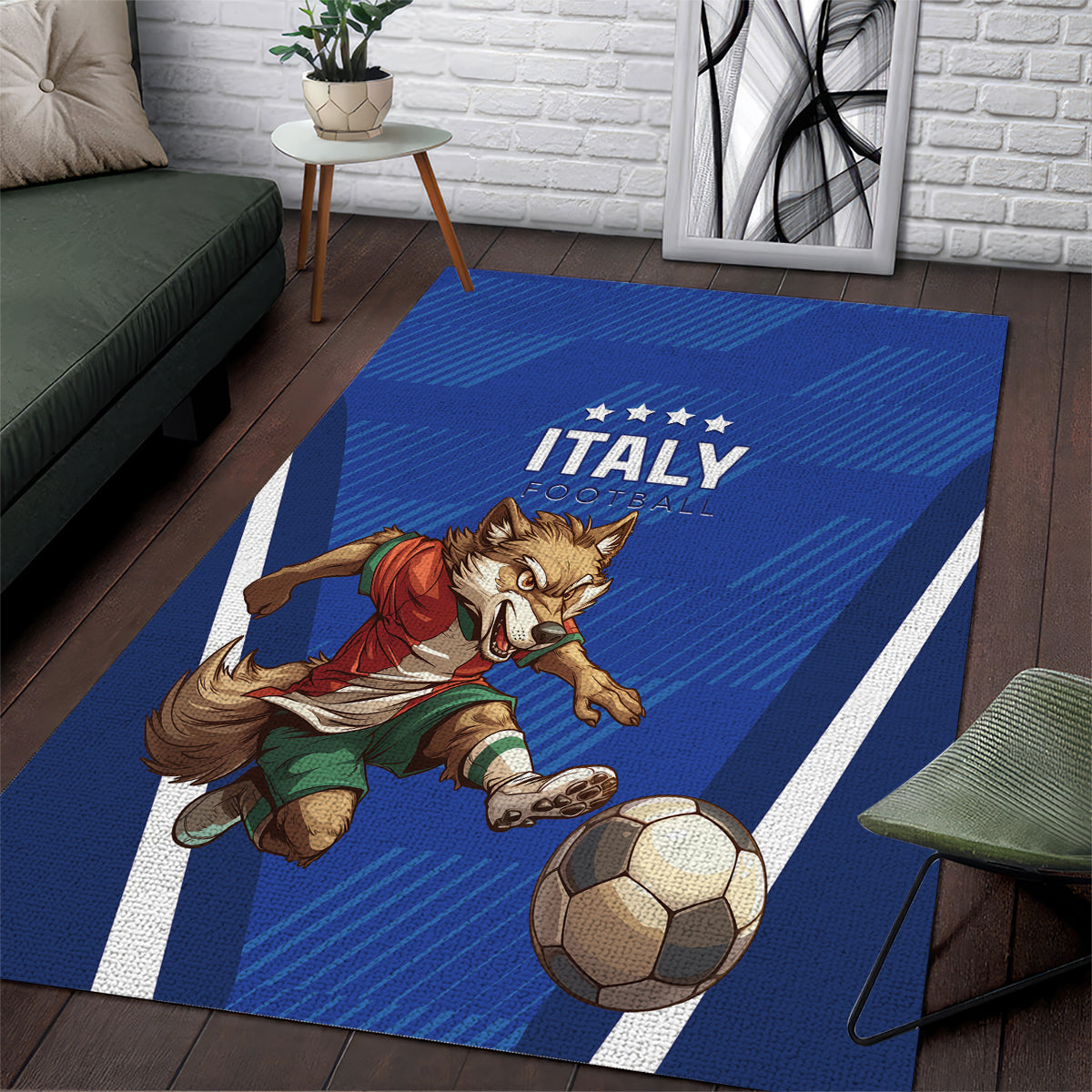 Blue Italy football area rug with soccer dog and white border stripes