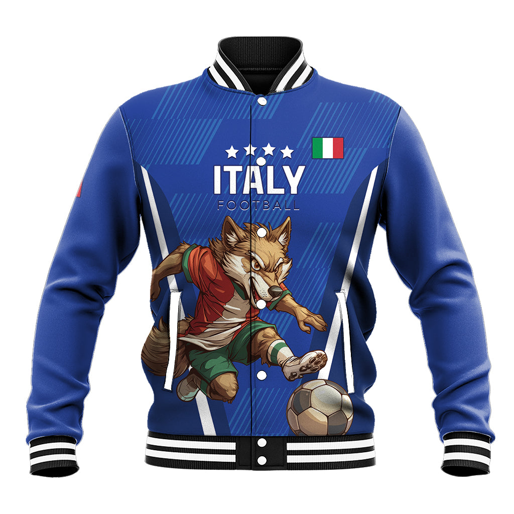 Blue football baseball varsity jacket front with Italy crest, mascot and soccer ball