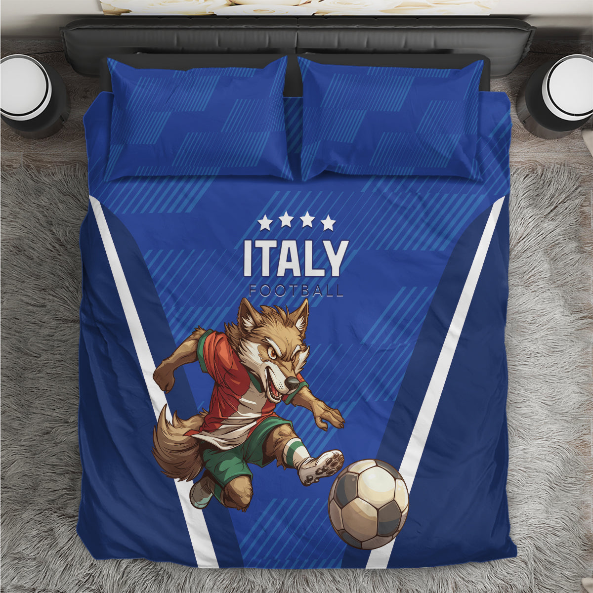 Blue Italy football bedding set with fox player, soccer ball, and bold side stripes.