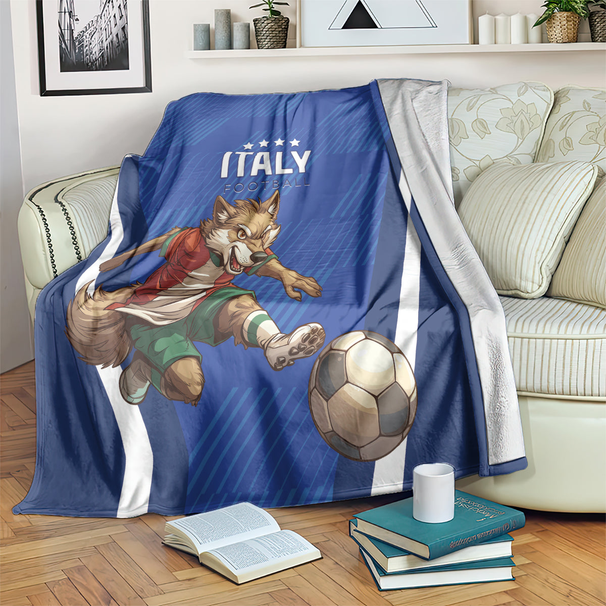 Blue Italy football blanket with white side stripes and illustrated mascot kicking a soccer ball