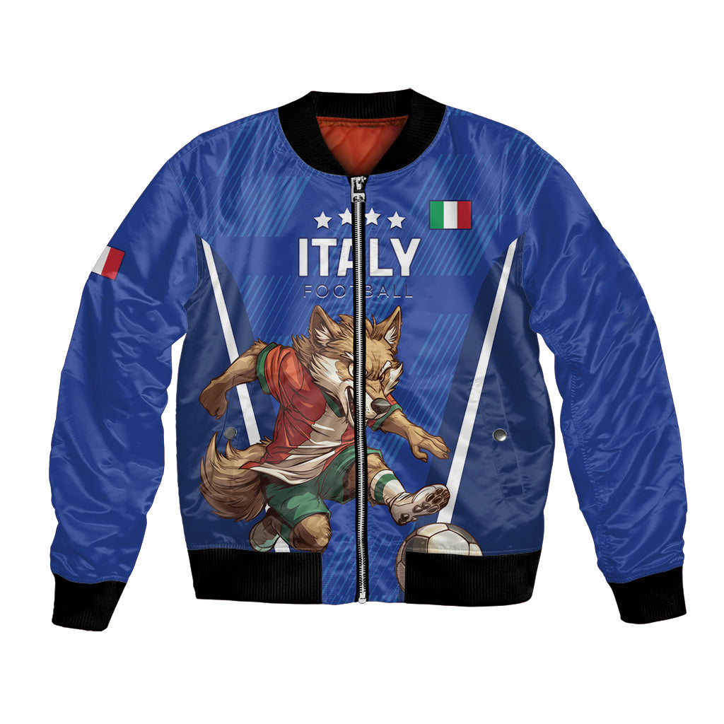 Blue football bomber jacket with front Italy graphics, flags, and armored cat artwork