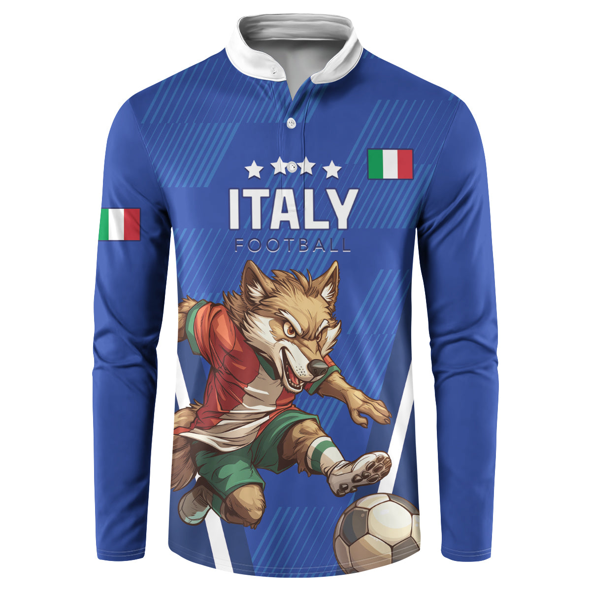 Blue Italy football button sweatshirt, white collar, front wolf graphic kicking a ball