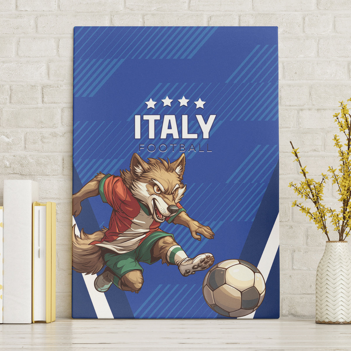 Blue Italy football canvas wall art showing ITALY FOOTBALL title, wolf and soccer ball