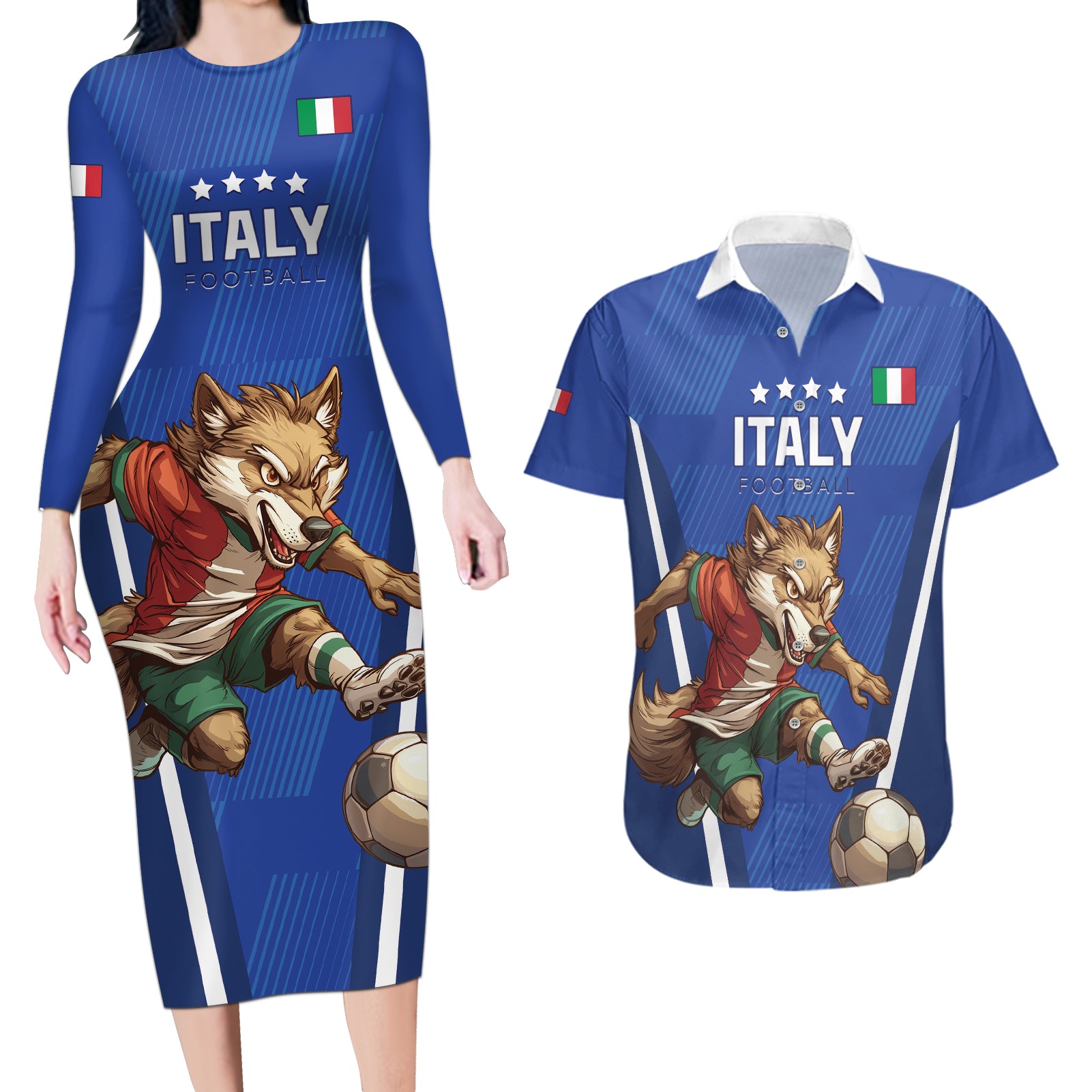 Custom Italy 2024 Football Couples Matching Long Sleeve Bodycon Dress and Hawaiian Shirt 2024 Go Gli Azzurri - Wonder Print Shop