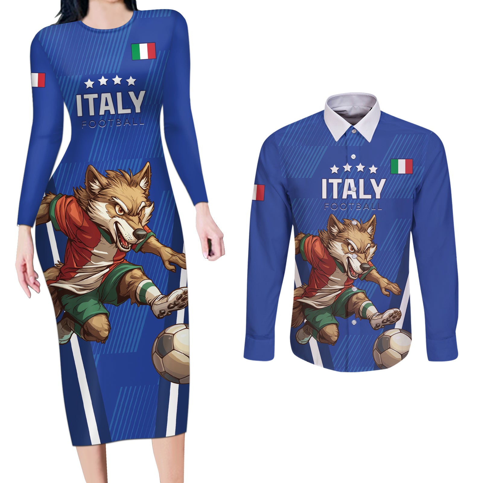 Custom Italy 2024 Football Couples Matching Long Sleeve Bodycon Dress and Long Sleeve Button Shirt 2024 Go Gli Azzurri - Wonder Print Shop