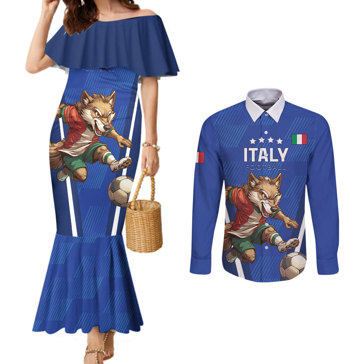 Custom Italy 2024 Football Couples Matching Mermaid Dress and Long Sleeve Button Shirt 2024 Go Gli Azzurri