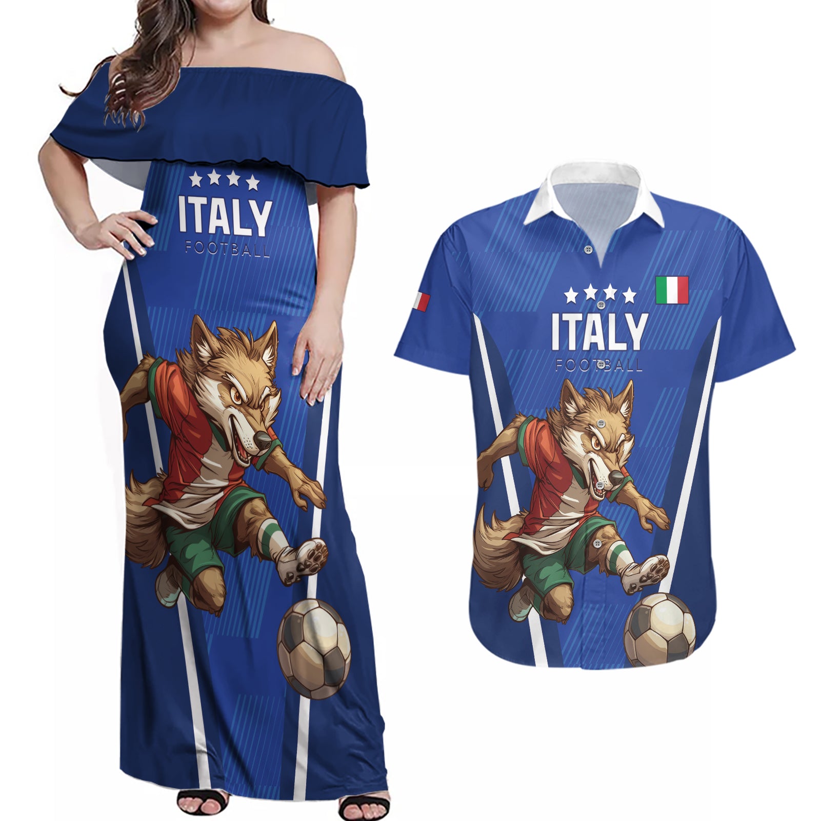 Custom Italy 2024 Football Couples Matching Off Shoulder Maxi Dress and Hawaiian Shirt 2024 Go Gli Azzurri - Wonder Print Shop