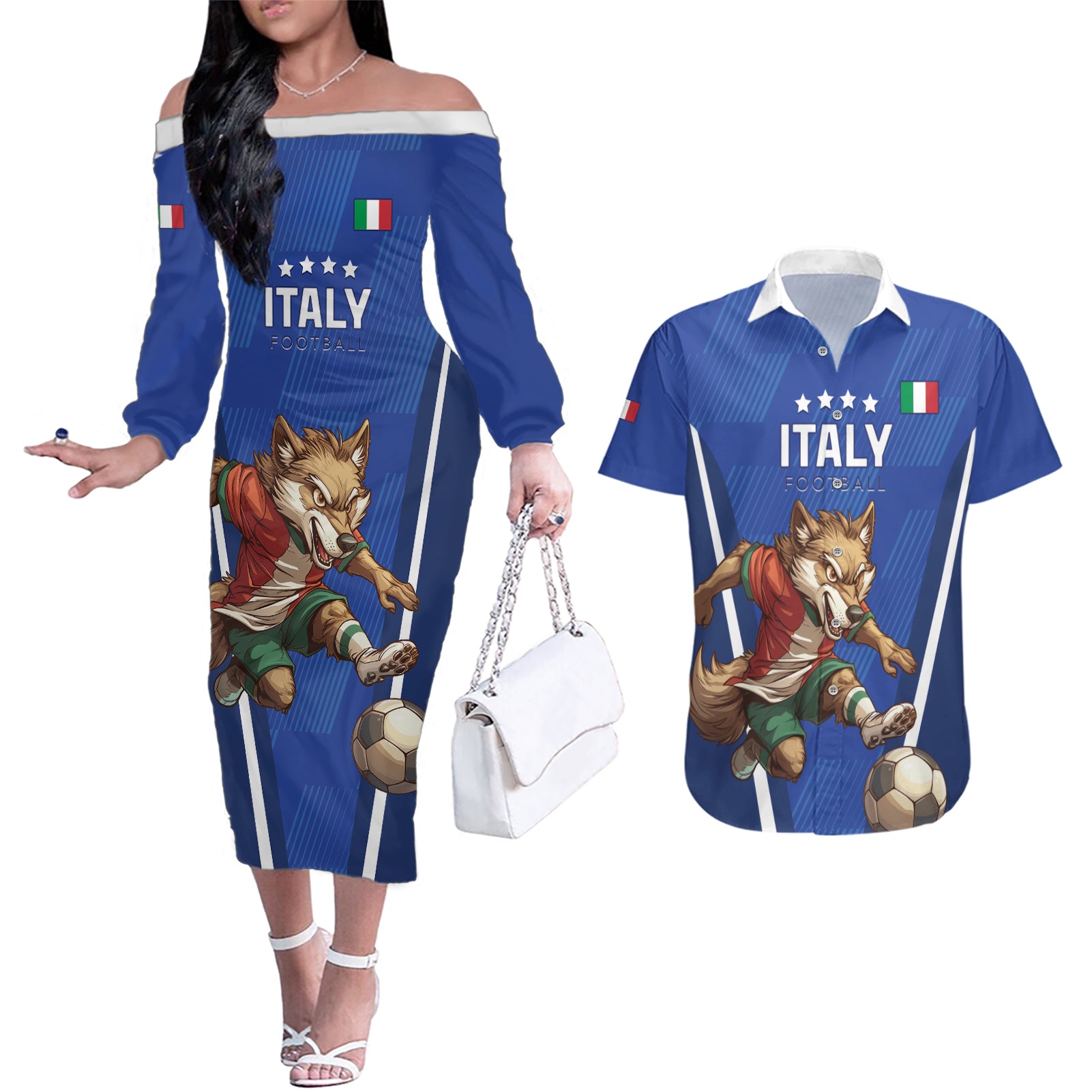 Custom Italy 2024 Football Couples Matching Off The Shoulder Long Sleeve Dress and Hawaiian Shirt 2024 Go Gli Azzurri - Wonder Print Shop