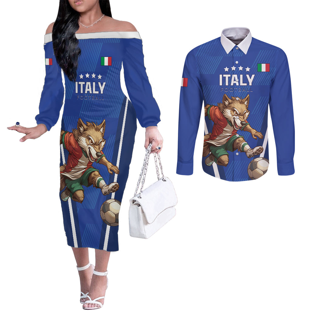 Custom Italy 2024 Football Couples Matching Off The Shoulder Long Sleeve Dress and Long Sleeve Button Shirt 2024 Go Gli Azzurri