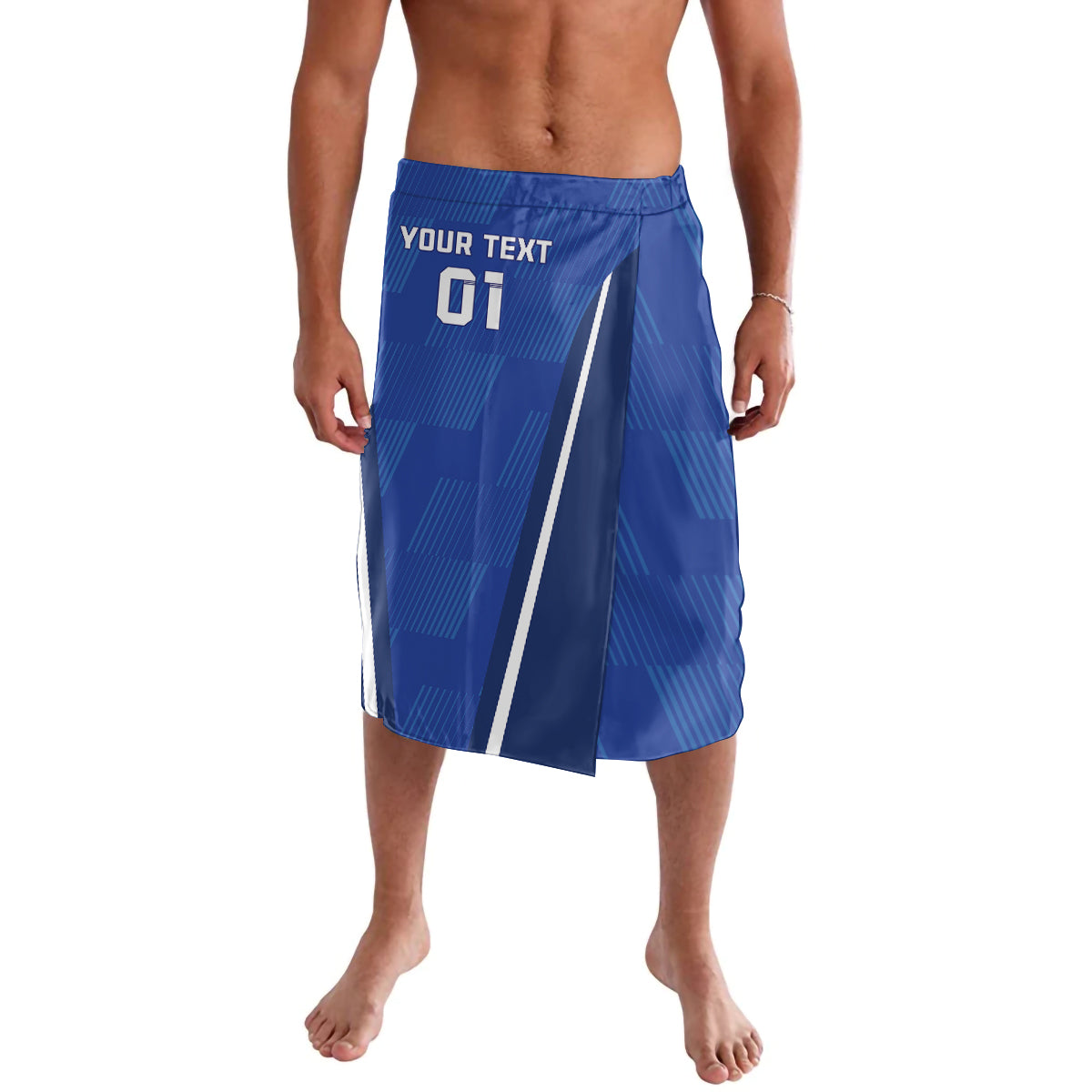 Blue football shorts with elastic waistband, YOUR TEXT print and dark blue pattern