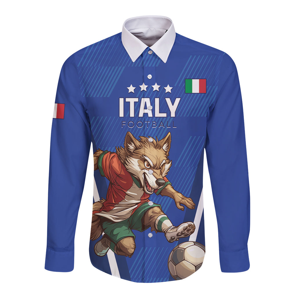Blue football button-up long sleeve shirt with Italy crest and lion graphic