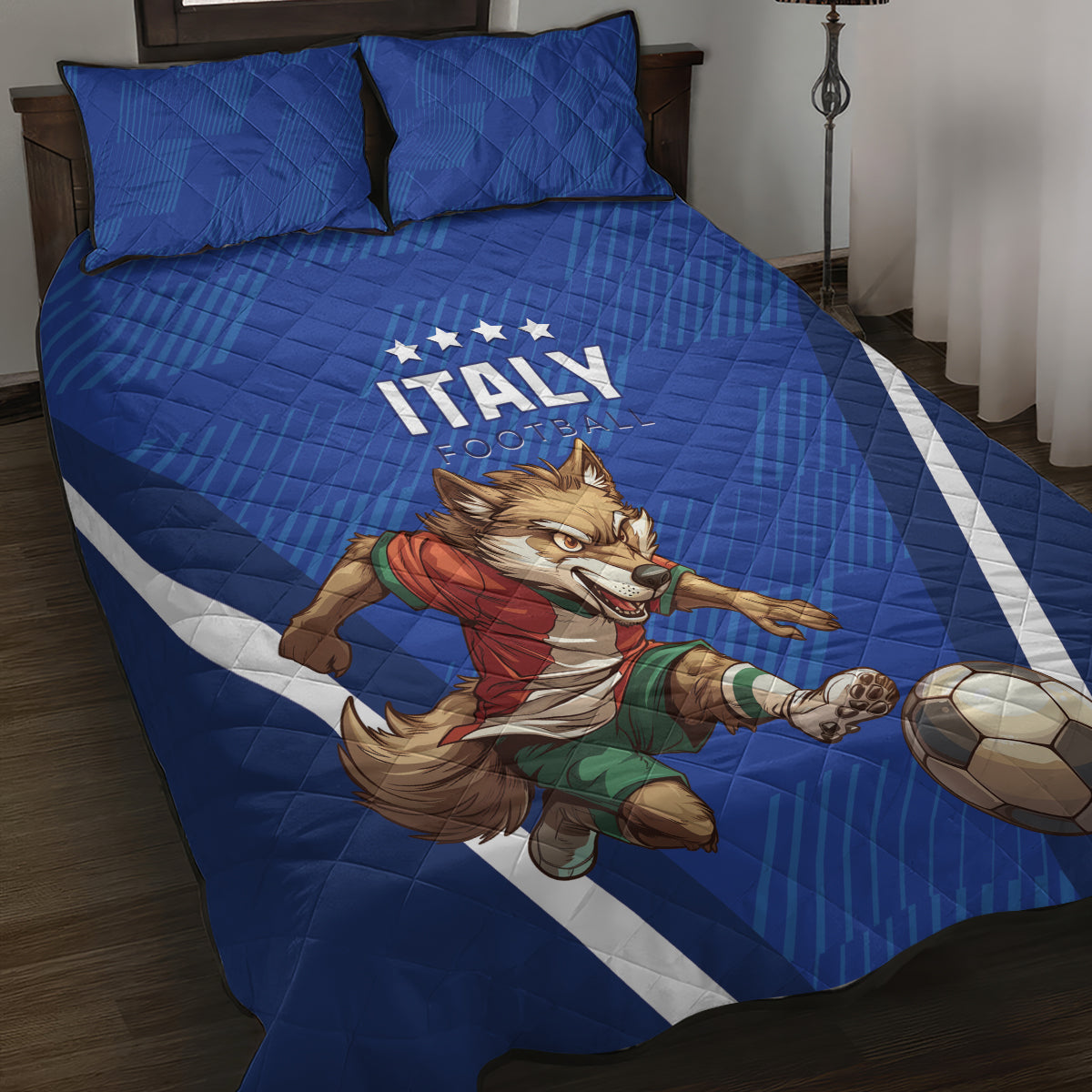 Blue Italy football quilt bed set with wolf graphic, soccer ball, Italy lettering, and white border