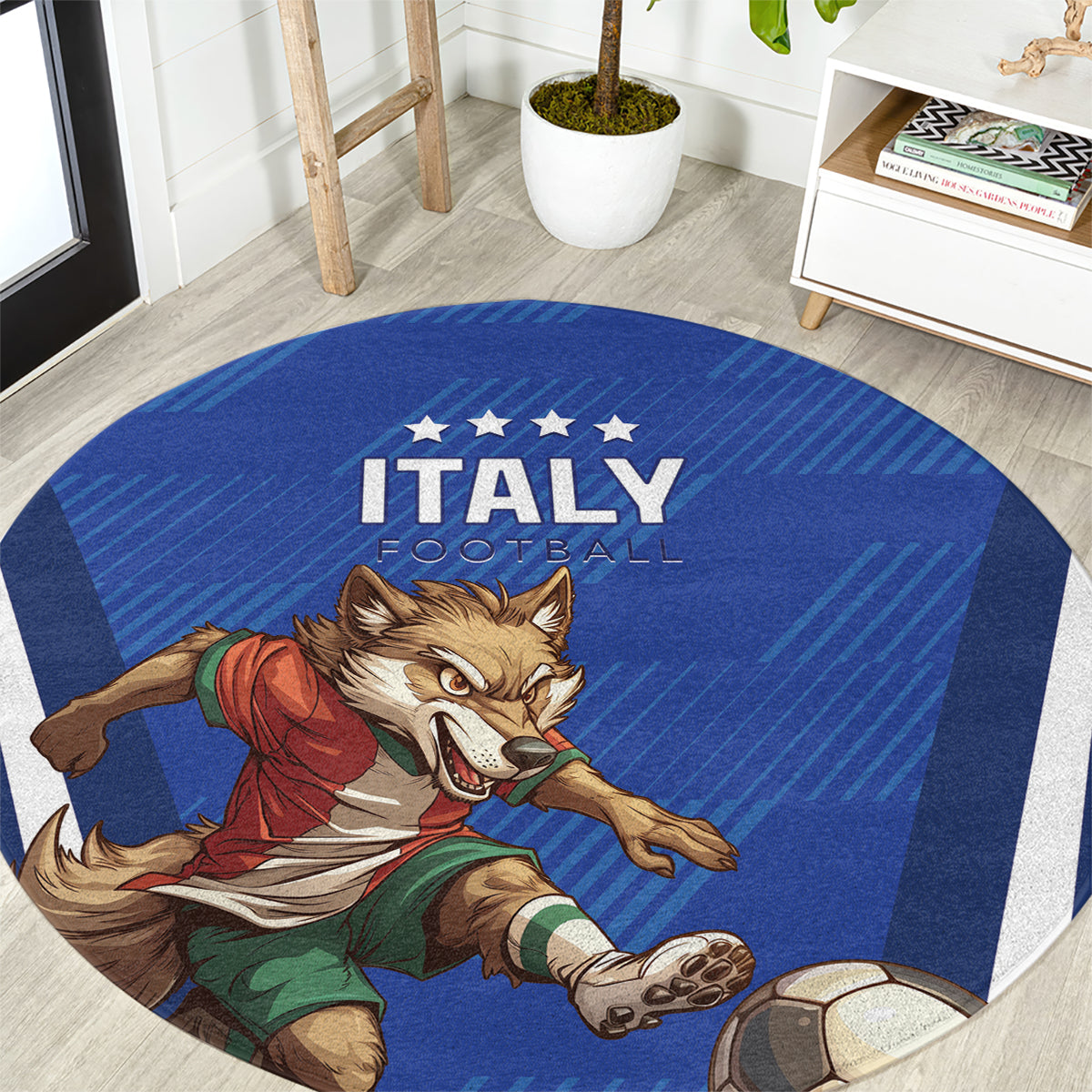 Round blue football rug with “ITALY” text and a cartoon mascot kicking a ball.