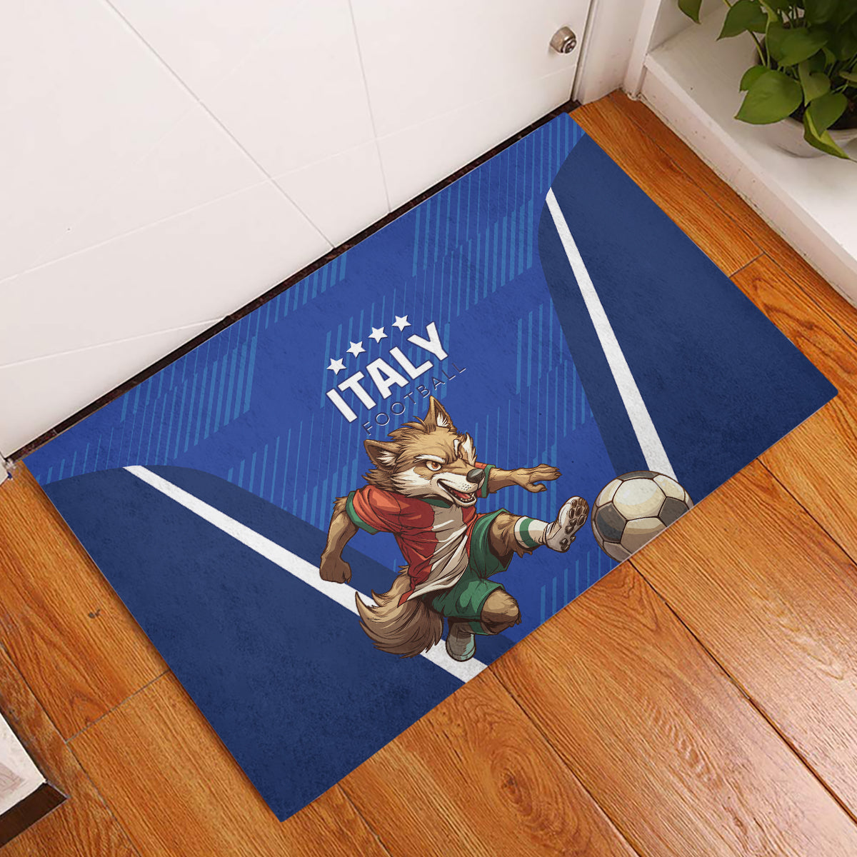 Blue Italy football rubber doormat featuring fox mascot kicking a soccer ball and Italy text