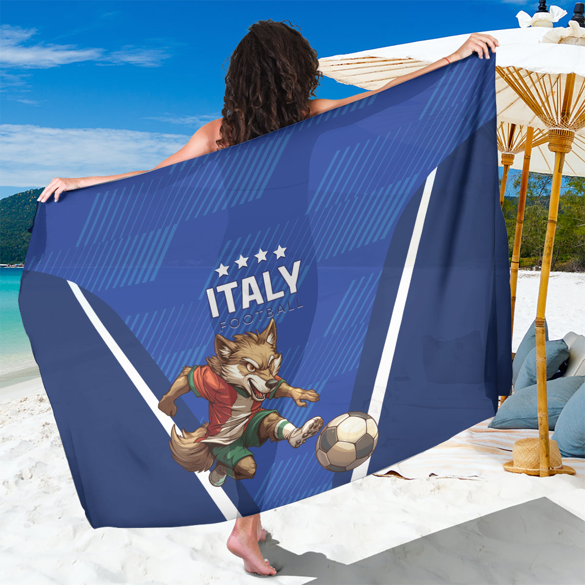 Blue Italy football sarong spread out, featuring ITALY text and wolf mascot with soccer ball