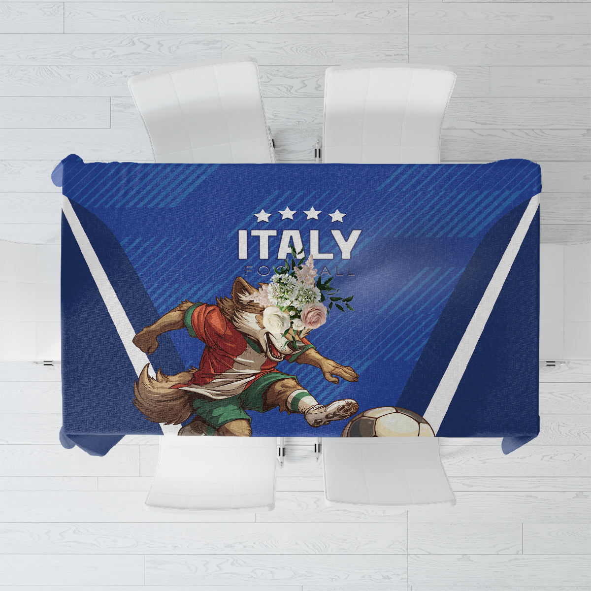 Blue Italy football tablecloth with “ITALY” text and player/ball graphic