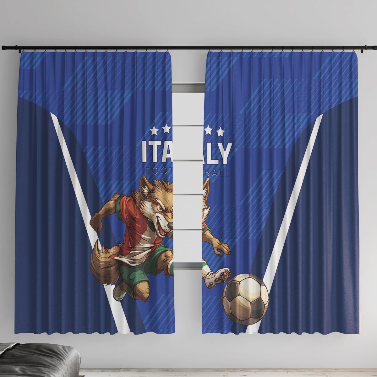 Blue Italy football curtain panels on window, white stripes, ITALY motif and soccer ball.