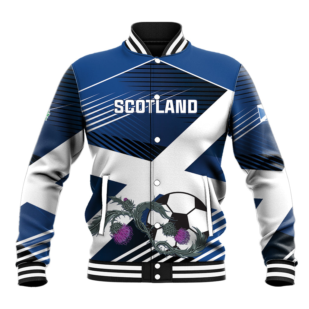 Blue and white Scotland-themed varsity baseball jacket with snap buttons and soccer graphic