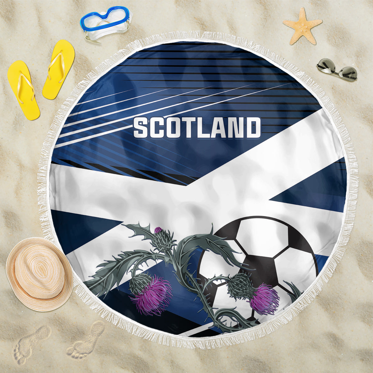 Round Scotland football beach blanket with navy/white stripes, soccer ball and fringe