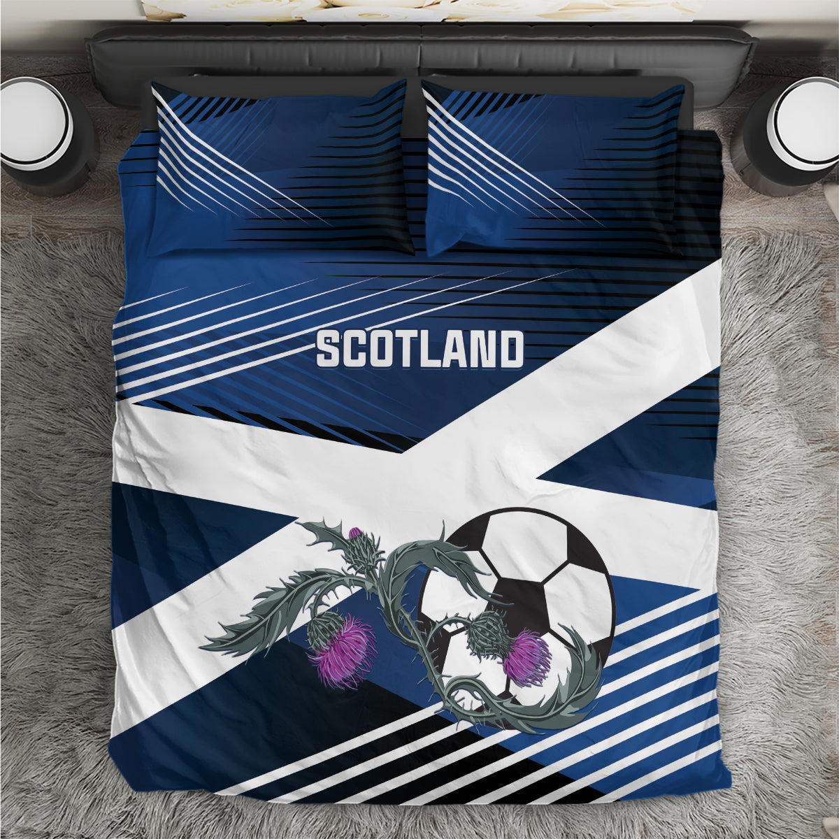 Blue and white Scotland-themed football bedding set with duvet and two pillows, striped soccer graphic