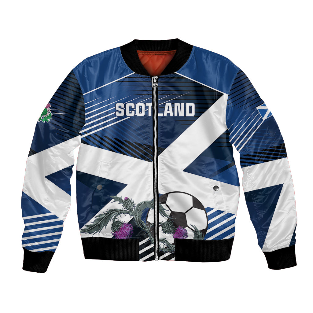 Unisex blue and white football bomber jacket with full-zip front and Scotland graphic