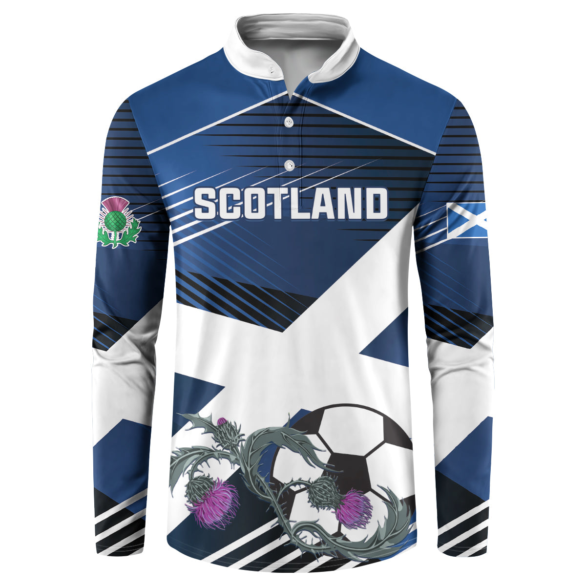 Blue and white Scotland graphic button sweatshirt with long sleeves