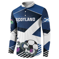 Blue and white Scotland graphic button sweatshirt, front view, long sleeves