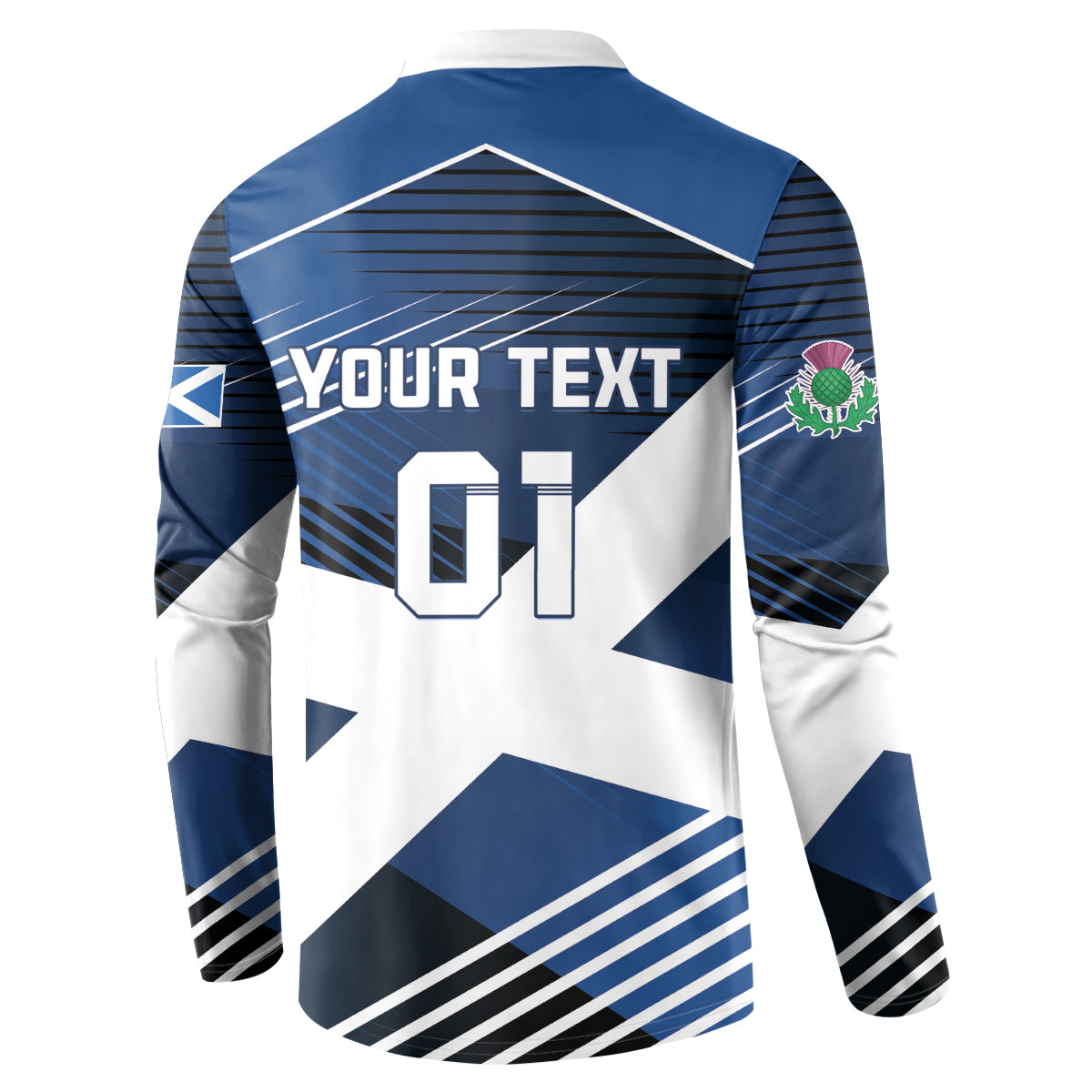 Blue and white football button sweatshirt, back 'YOUR TEXT 01' design