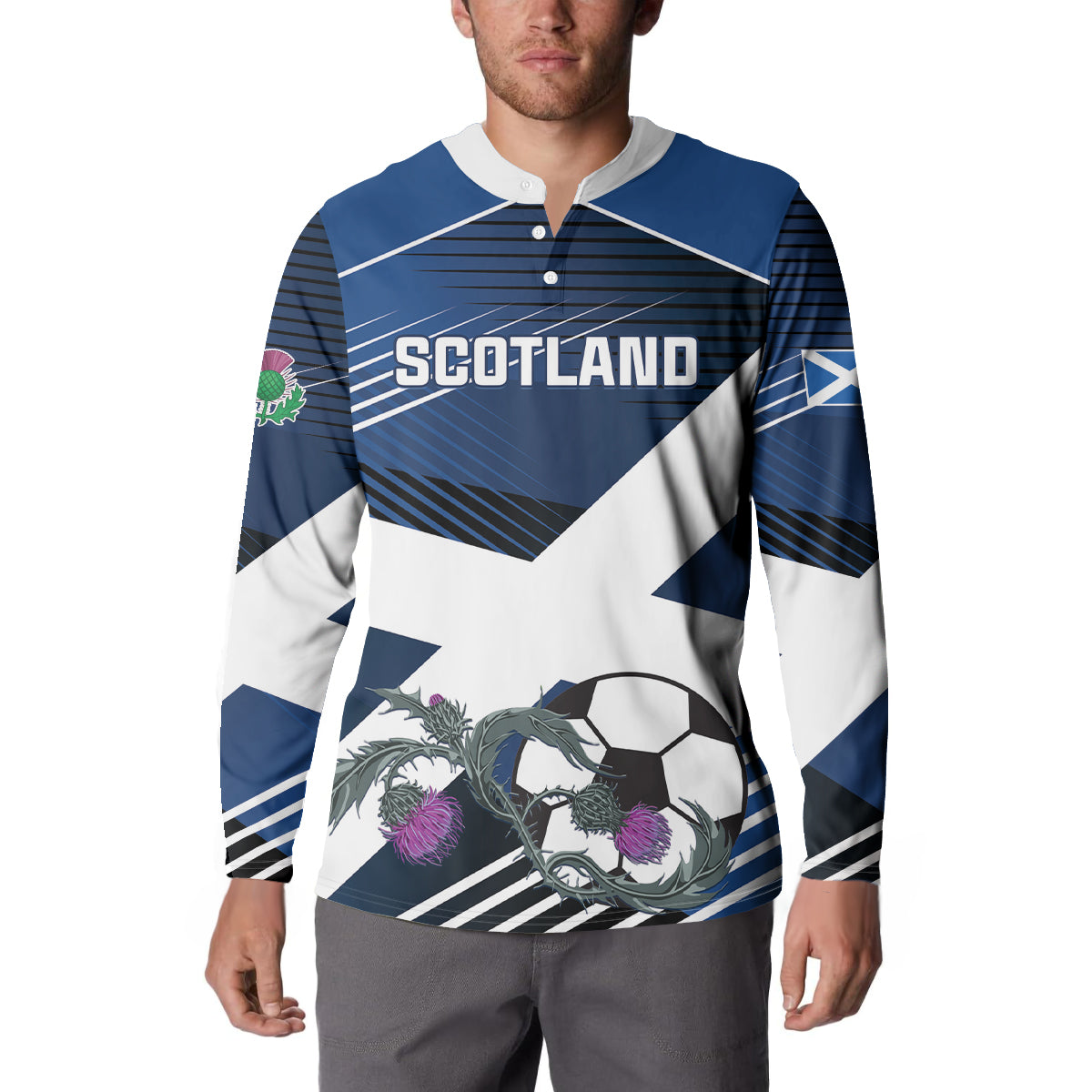 Blue and white Scotland graphic button sweatshirt with crest sleeve and soccer ball art