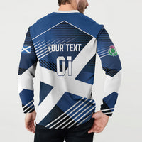 Blue and white football button sweatshirt, back 'YOUR TEXT 01' and crest details