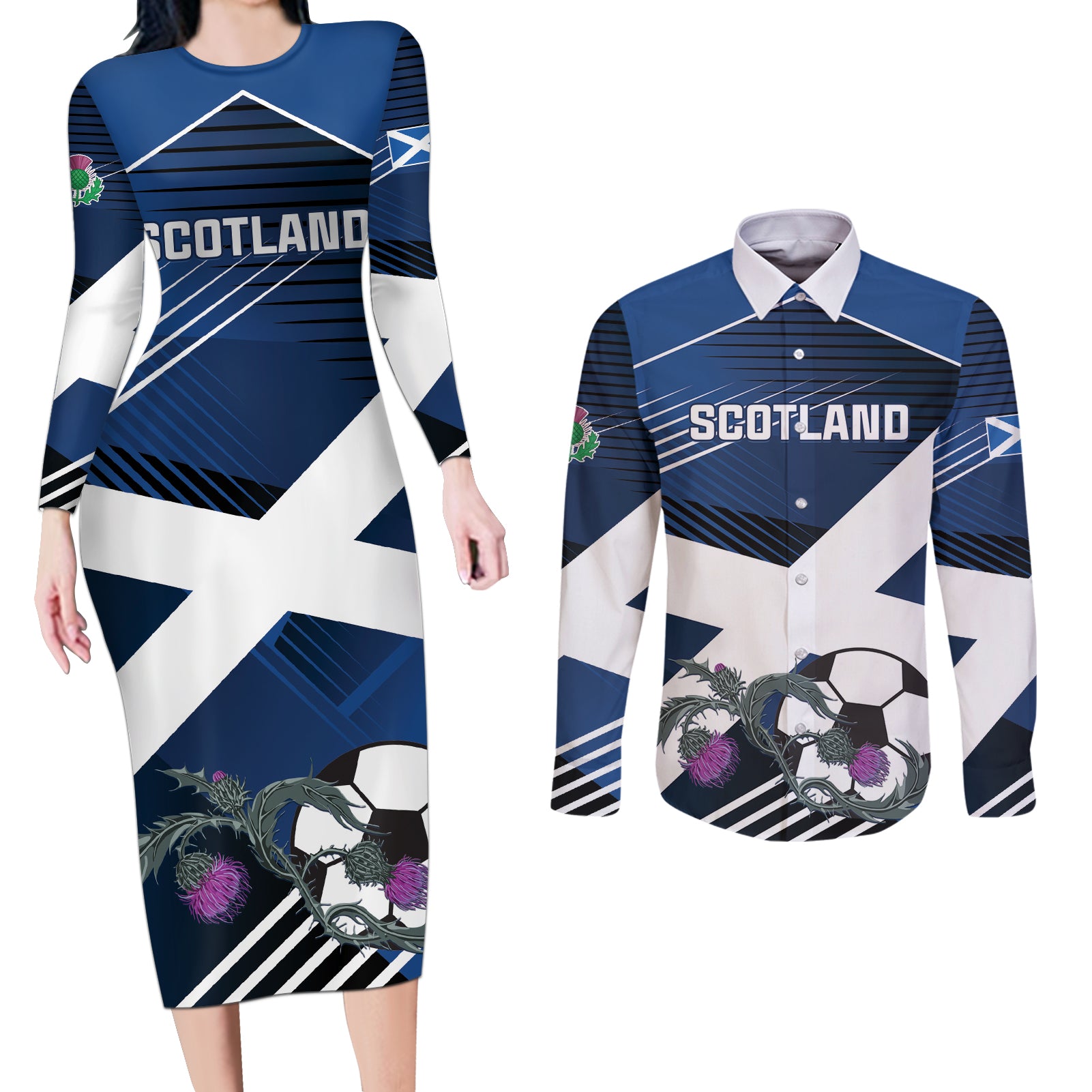 Custom Scotland 2024 Football Couples Matching Long Sleeve Bodycon Dress and Long Sleeve Button Shirt 2024 Go Champions - Wonder Print Shop