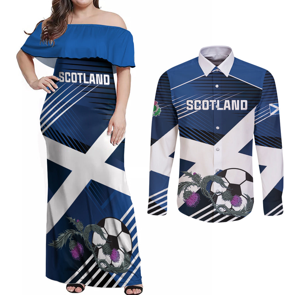 Custom Scotland 2024 Football Couples Matching Off Shoulder Maxi Dress and Long Sleeve Button Shirt 2024 Go Champions - Wonder Print Shop