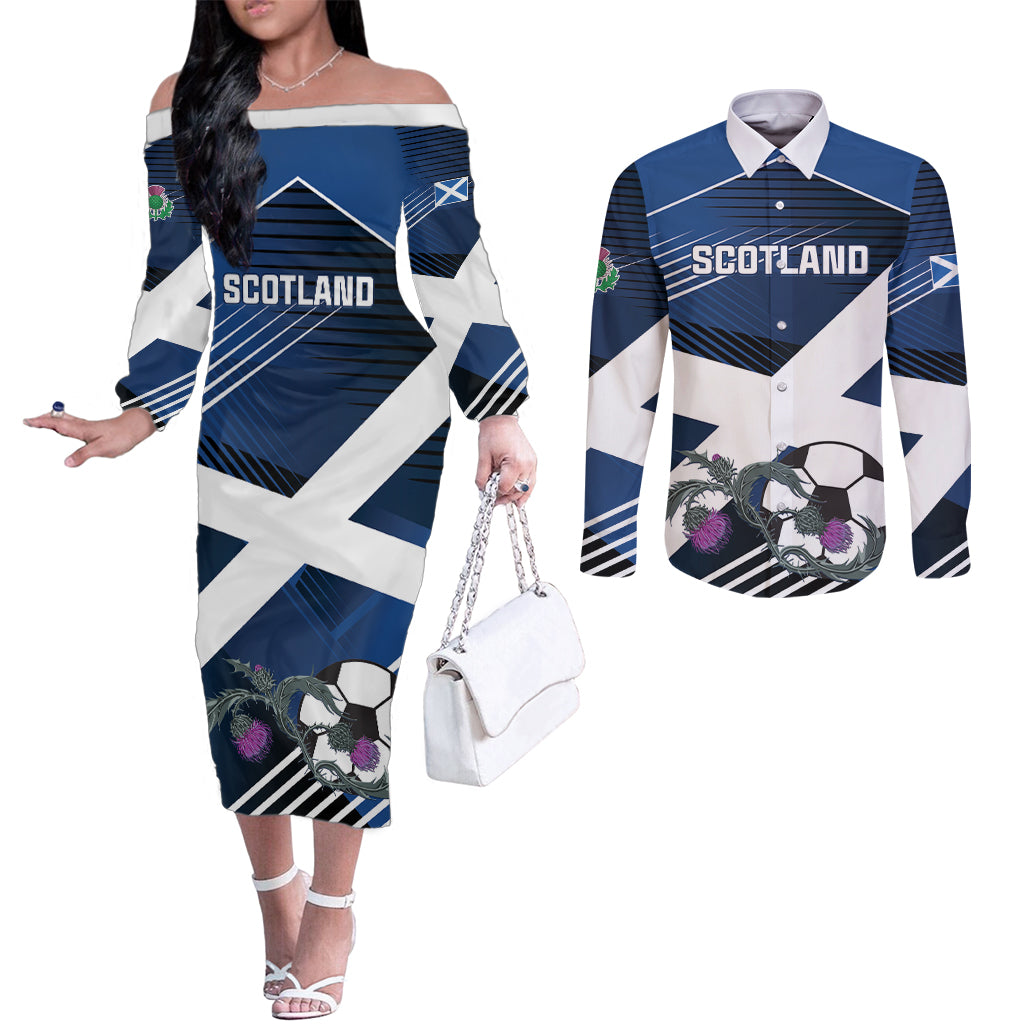 Custom Scotland 2024 Football Couples Matching Off The Shoulder Long Sleeve Dress and Long Sleeve Button Shirt 2024 Go Champions