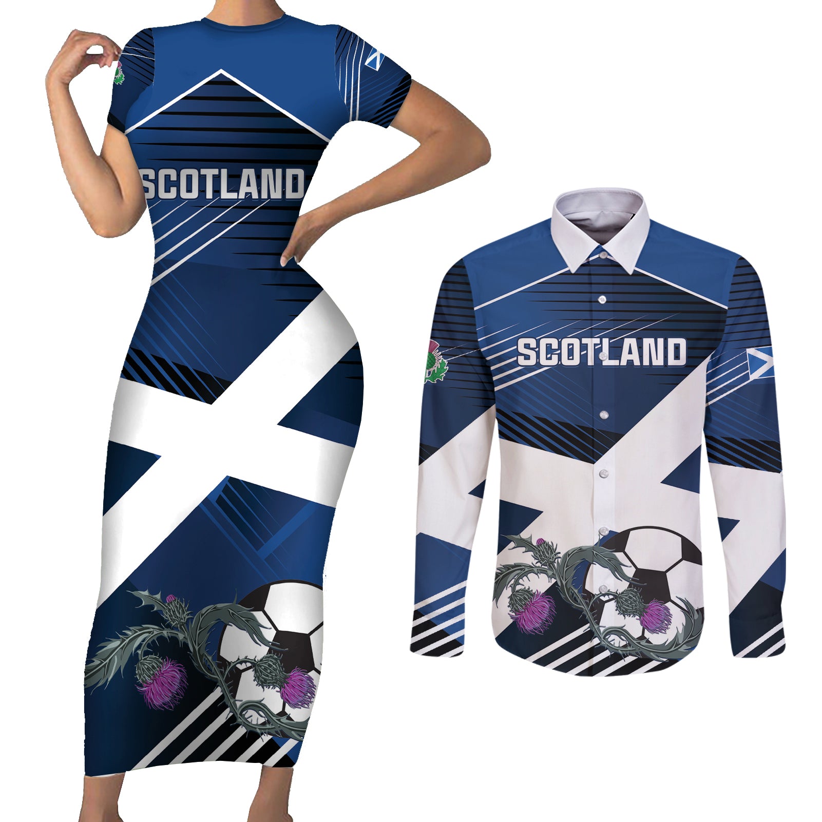 Custom Scotland 2024 Football Couples Matching Short Sleeve Bodycon Dress and Long Sleeve Button Shirt 2024 Go Champions - Wonder Print Shop