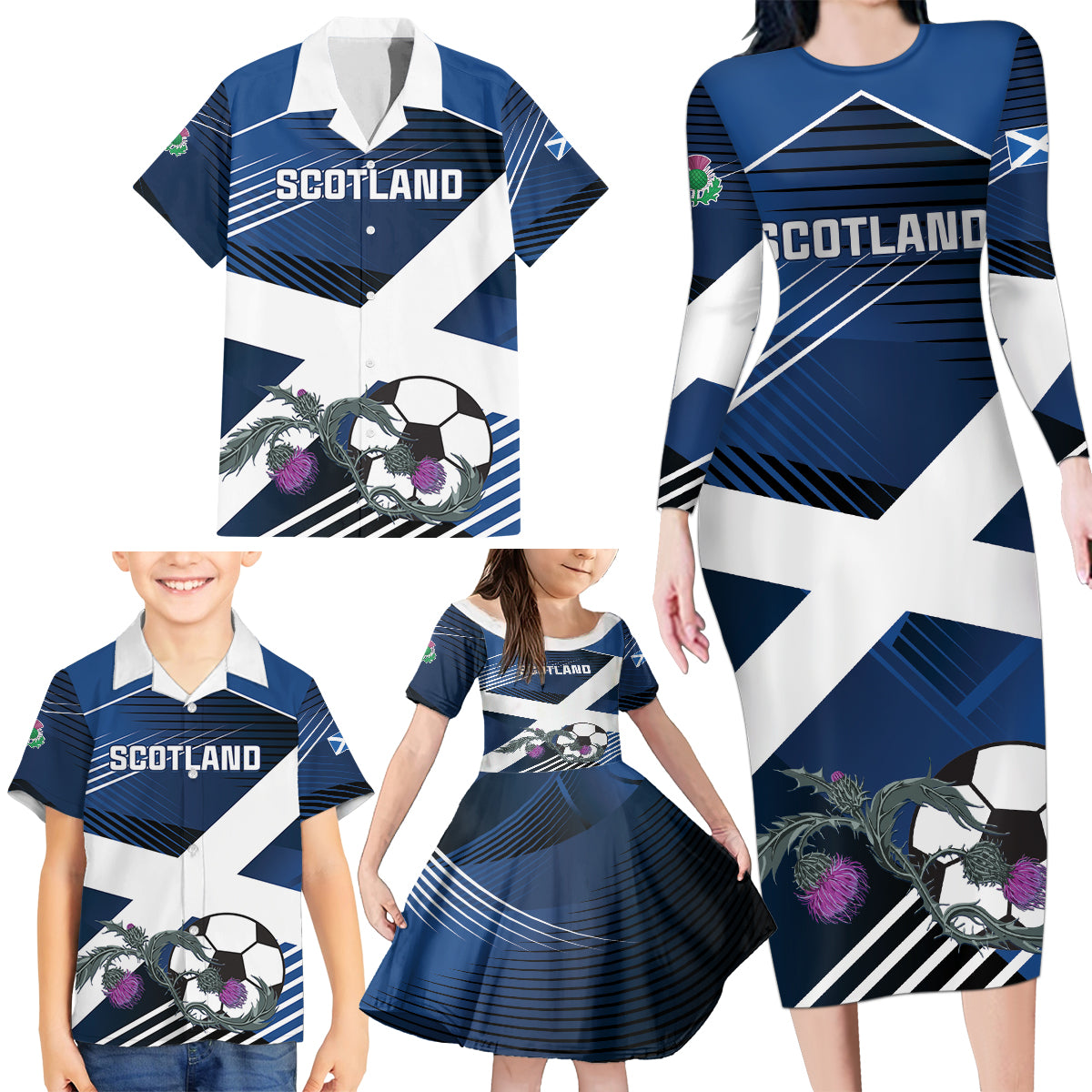 Custom Scotland 2024 Football Family Matching Long Sleeve Bodycon Dress and Hawaiian Shirt 2024 Go Champions - Wonder Print Shop