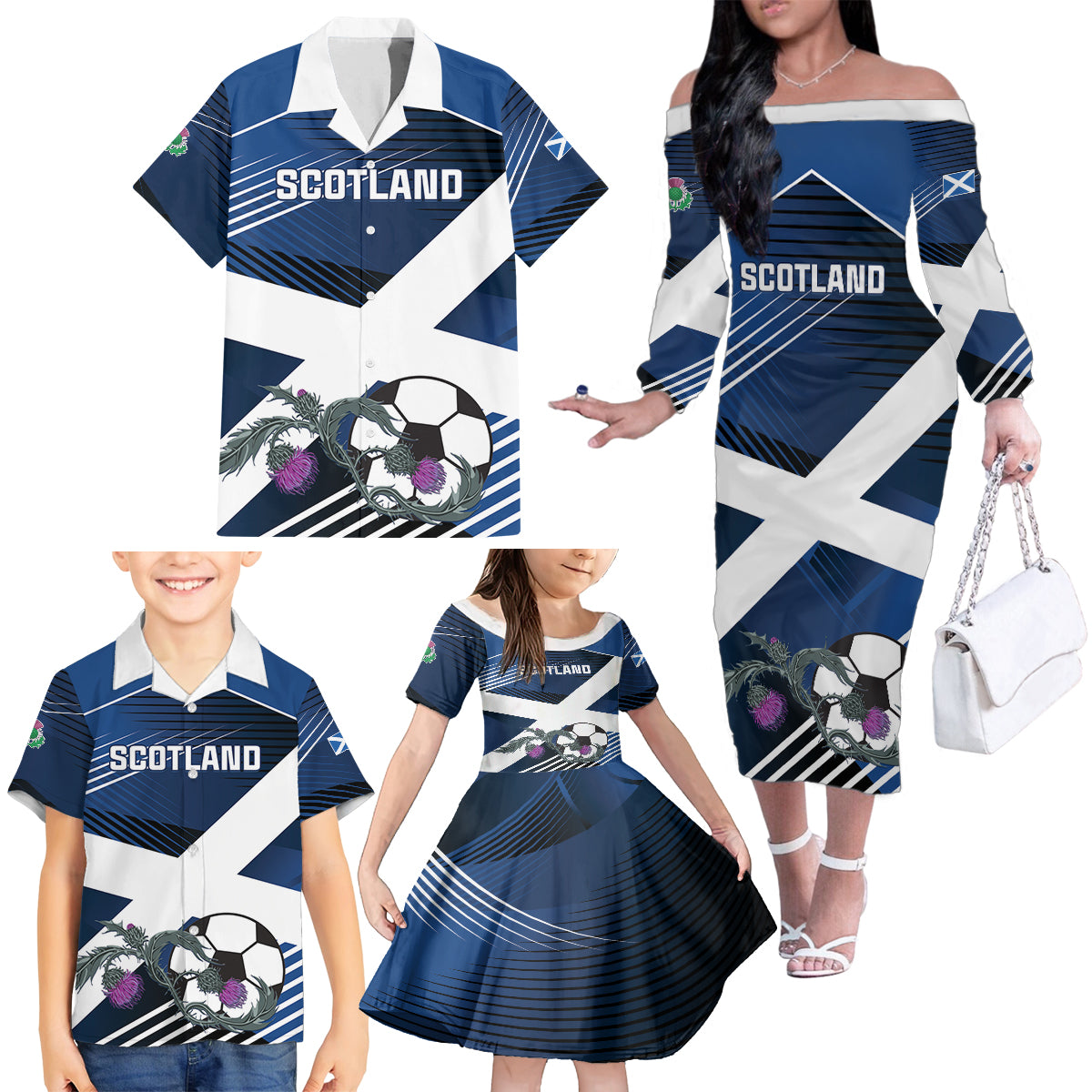 Custom Scotland 2024 Football Family Matching Off The Shoulder Long Sleeve Dress and Hawaiian Shirt 2024 Go Champions - Wonder Print Shop