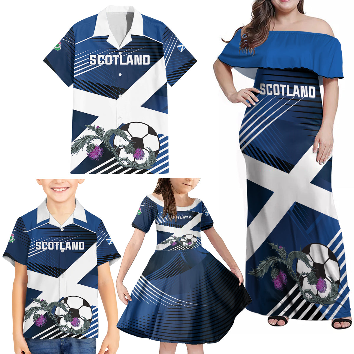 Custom Scotland 2024 Football Family Matching Off Shoulder Maxi Dress and Hawaiian Shirt 2024 Go Champions - Wonder Print Shop