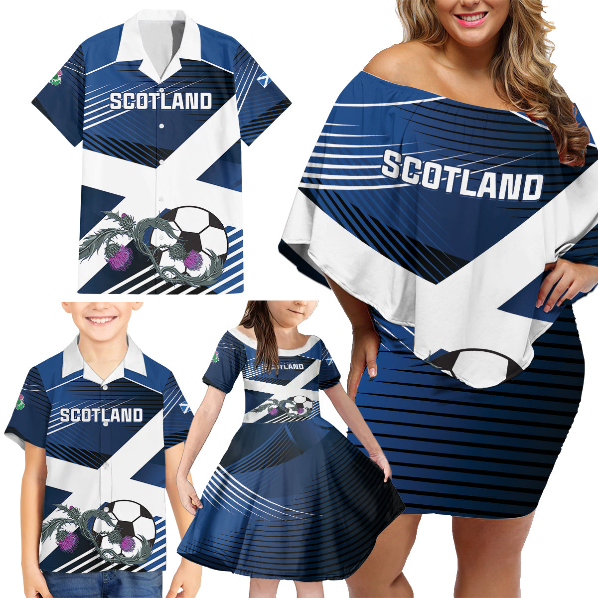 Custom Scotland 2024 Football Family Matching Off Shoulder Short Dress and Hawaiian Shirt 2024 Go Champions - Wonder Print Shop