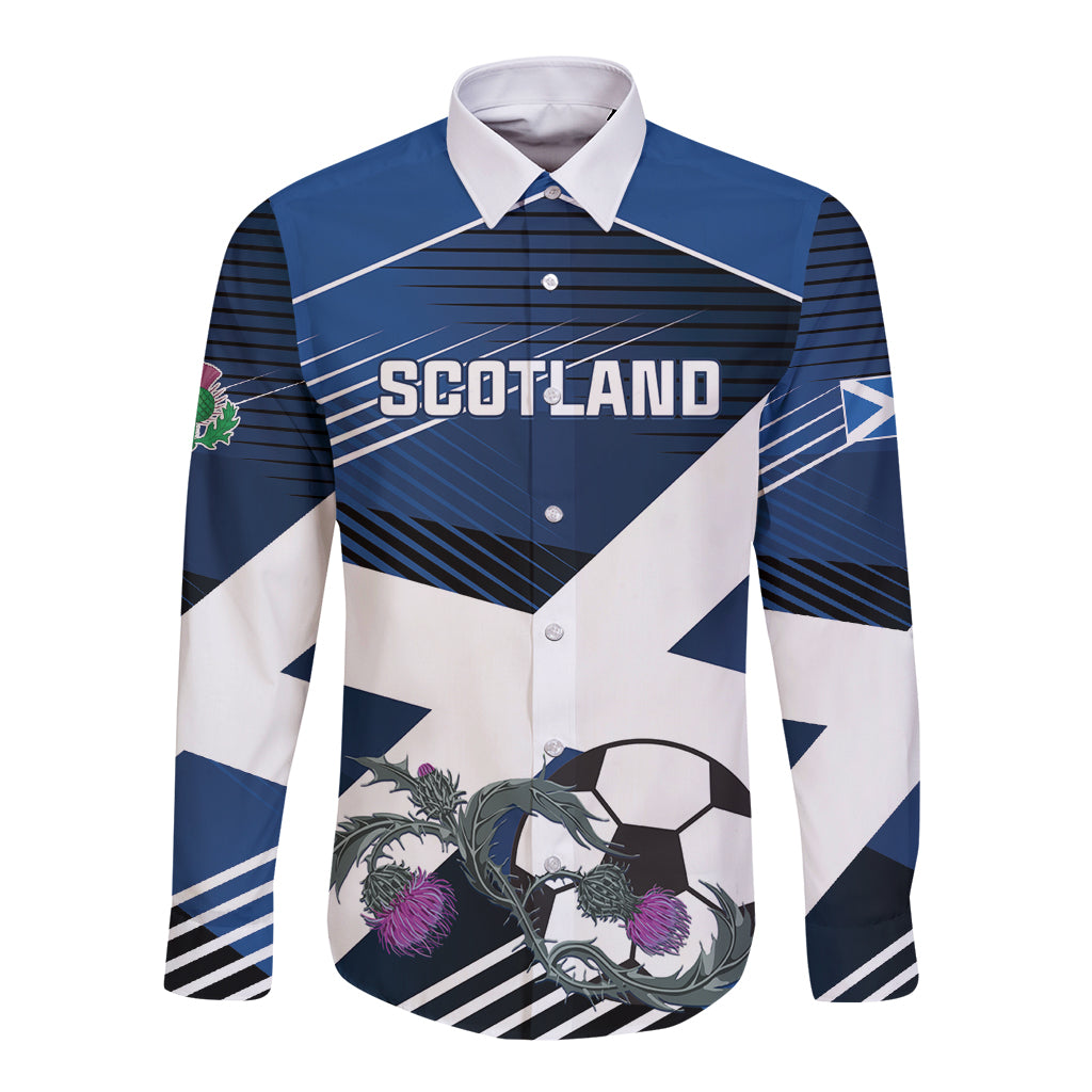 Blue and white Scotland long-sleeve button football shirt with graphic front