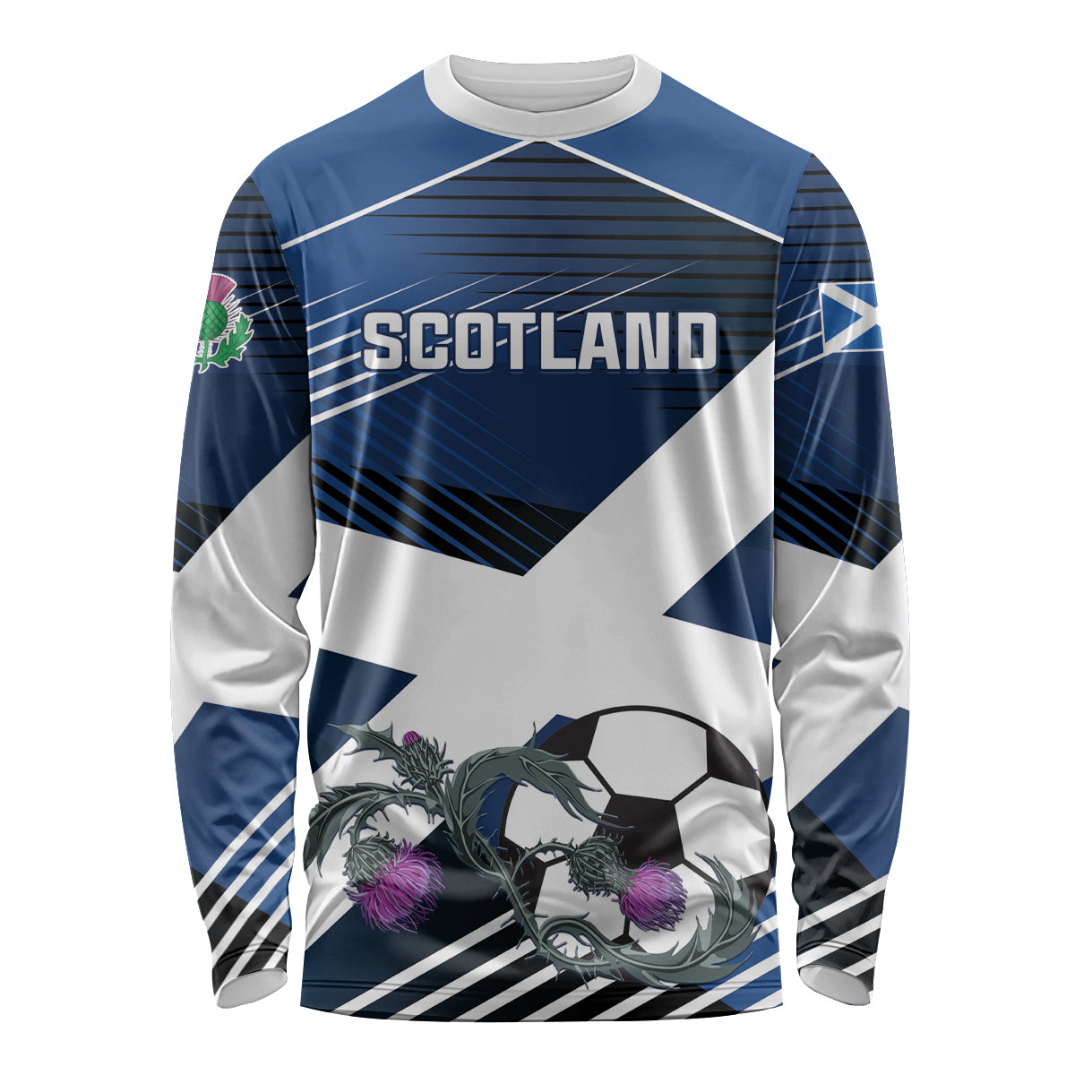 Blue and white Scotland football long-sleeve jersey with bold crest and graphics