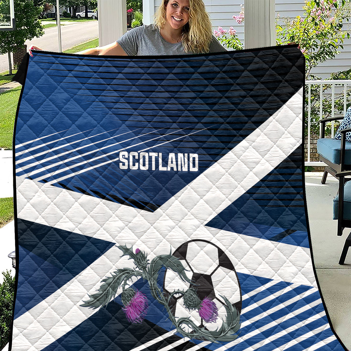 Blue and white Scotland football quilt with diagonal stripes, soccer ball, and thistle