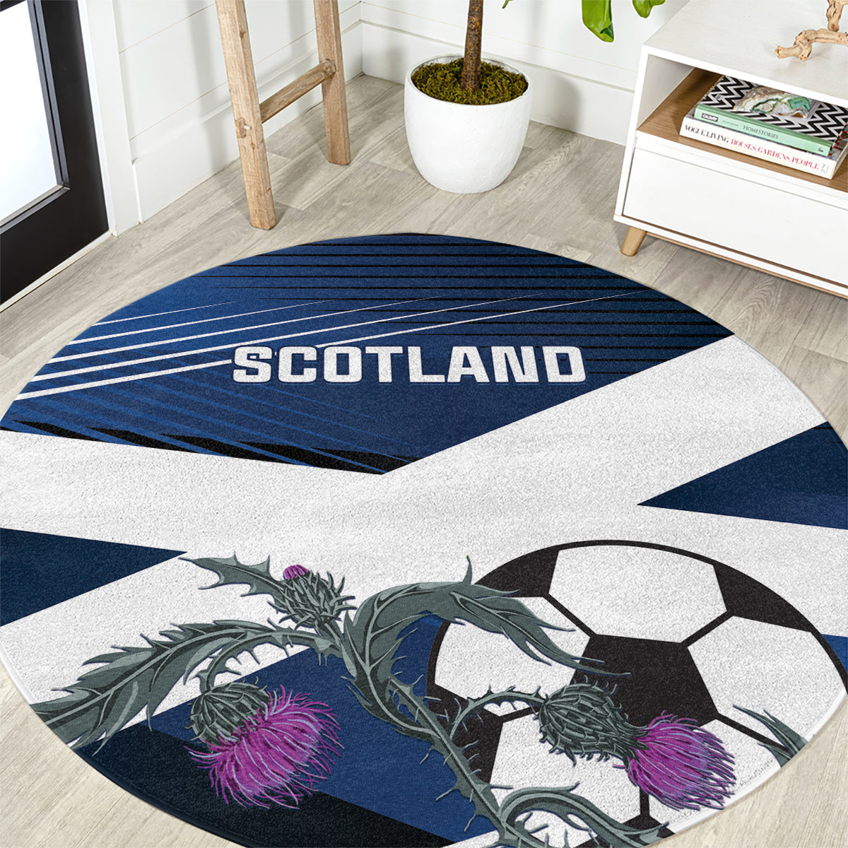 Round football carpet corner detail with SCOTLAND text and soccer-ball thistle artwork