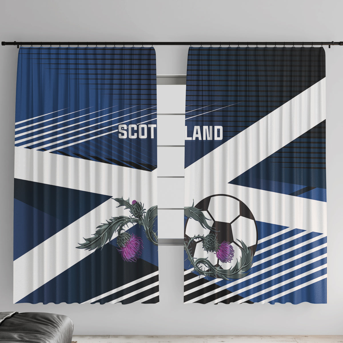 Blue and white Scotland football window curtains with bold geometric pattern and lion graphic.