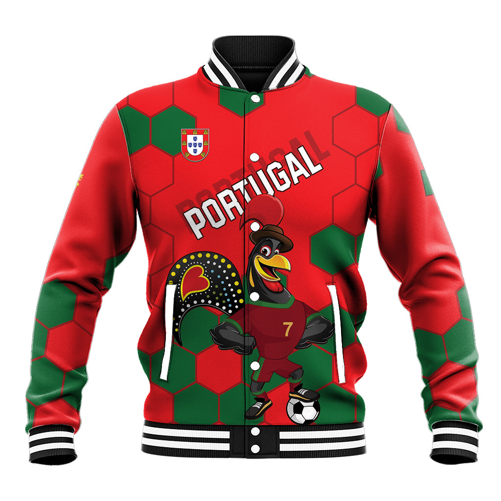 Unisex red varsity baseball jacket with green hex pattern, Portugal crest, rooster mascot