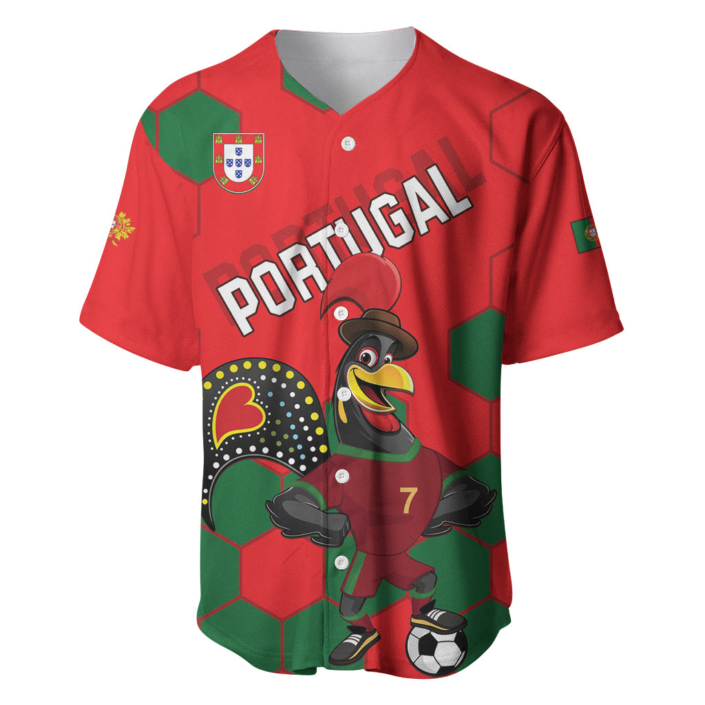 Red football jersey with green hex panels, Portugal crest, mascot graphic, and 'PORTUGAL' print