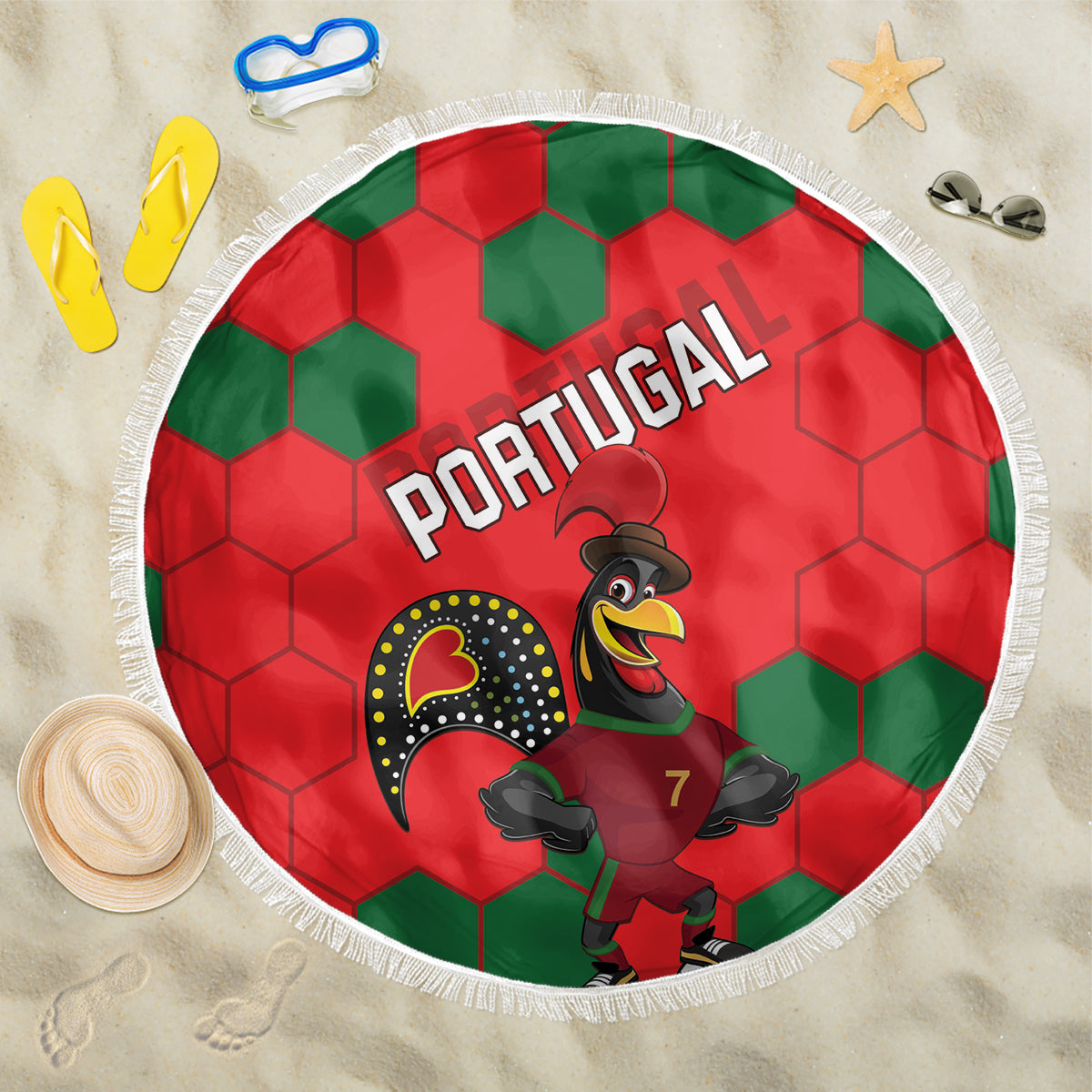 Portugal football beach blanket, red and green hex pattern with round fringe edge