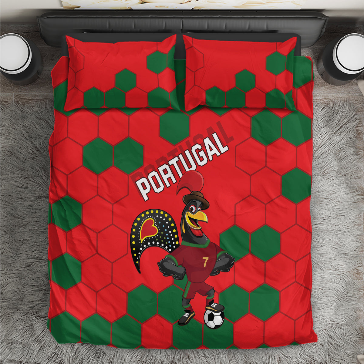 Red and green Portugal football bedding set with hexagon pattern and running mascot